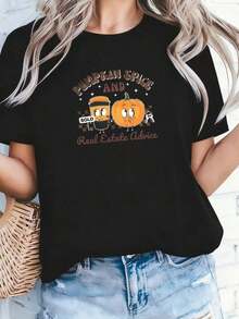 1 Piece Halloween T-Shirt For Real Estate Agents With Pumpkin Spice Print, Autumn T-Shirt For Real Estate Agents, Gift For Real Estate Agents, Halloween T-Shirt For Real Estate Agents, 180g 100% Cotton - Black 1 - 查看 3