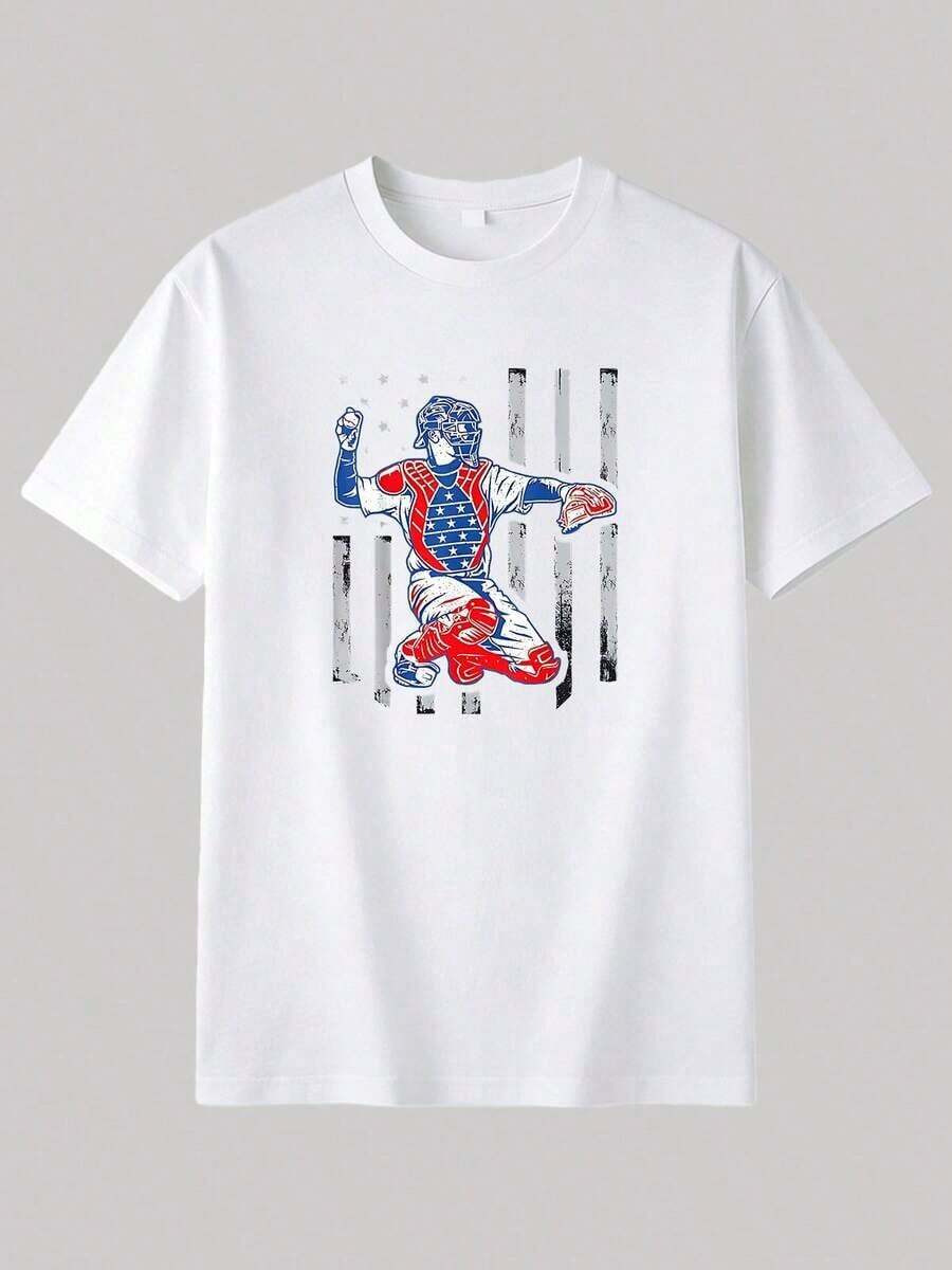 Boys' Short-Sleeved T-Shirt With A Fun And Creative Cartoon Print Of A "National Flag Baseball" Design, Suitable For Casual Play And Indoor/Outdoor Sports. A Great Summer Top For Parties, Vacations, And Other Occasions. Also Available In Multiple Women's T-Shirts. - 白色 - 查看 1