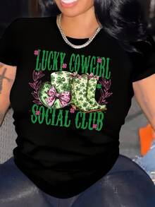 1 camiseta de mujer con estampado de vaquera del oeste - "Lucky Cowgirl Social Club", de manga corta y cuello redondo, estilo casual, blanca con diseño floral verde y rosa, 100% algodón, ligera y lavable a máquina, diseño divertido para primavera/verano, ropa casual duradera, 180g 100% algodón. - Negro - Ver 1