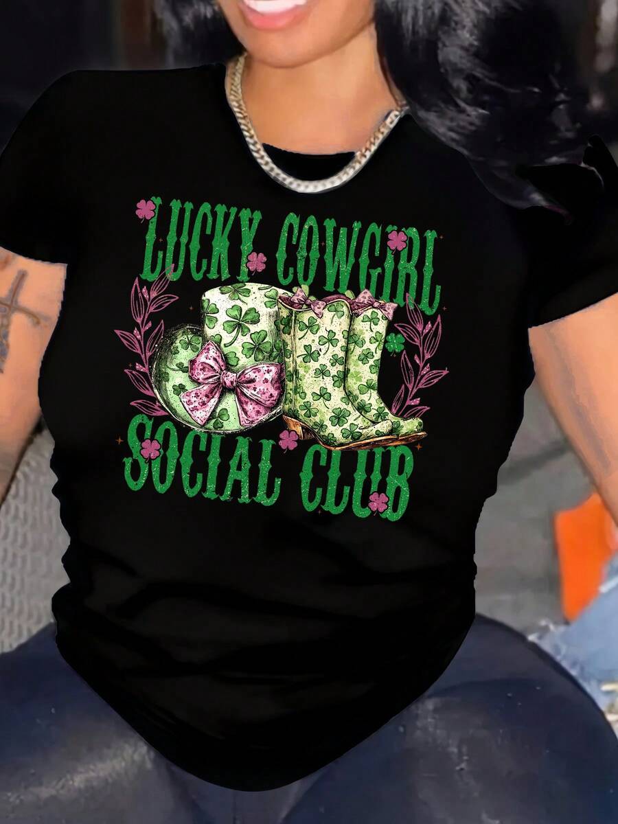 1 camiseta de mujer con estampado de vaquera del oeste - "Lucky Cowgirl Social Club", de manga corta y cuello redondo, estilo casual, blanca con diseño floral verde y rosa, 100% algodón, ligera y lavable a máquina, diseño divertido para primavera/verano, ropa casual duradera, 180g 100% algodón. - Negro - Ver 1