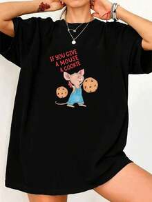 playeras de mujer algodon Camiseta Linda Con Gráfico De Ratón Y Galletas Para Mujer - Camiseta Informal Suave Para Todos Los Días Con El Texto Si Le Das Una Galleta A Un Ratón - Top Liviano De Verano Para Mujer - Ratón Juguetón, Galletas Y Fiestas Temáticas - Fácil >ropa - Negro - Ver 6