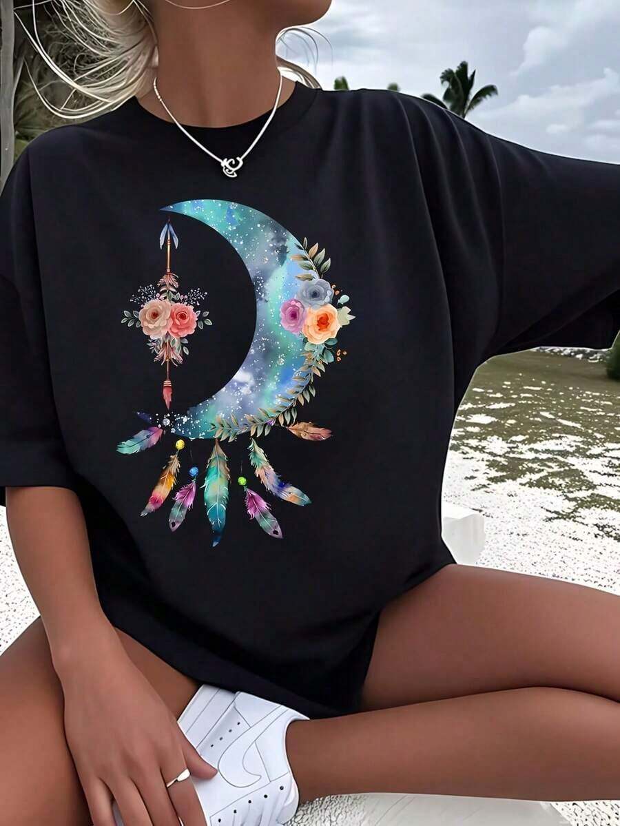 1 pieza Camiseta de Mujer con Diseño de Atrapasueños, Luna, Estrellas y Flores, Divertida, de Talla Grande, de Manga Corta, Novedosa, 100% Algodón, Cuello Redondo Casual, Versátil, 180g, 100% Algodón, los diseños están impresos. Unisexo. - Negro - Ver 1