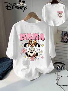 Plus Size, Authentic Disney Women's Summer Apparel: Minnie Mouse Wearing A Leopard Print Bow, Surrounded By Floral And Star Patterns, With "MAMA" Text Above.New Summer Short-Sleeve T-Shirt Top For Women, Casual And Fashionable Printed Tee - trắng - Xem 1