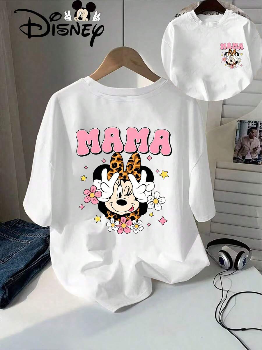 Plus Size, Authentic Disney Women's Summer Apparel: Minnie Mouse Wearing A Leopard Print Bow, Surrounded By Floral And Star Patterns, With "MAMA" Text Above.New Summer Short-Sleeve T-Shirt Top For Women, Casual And Fashionable Printed Tee - trắng - Xem 1