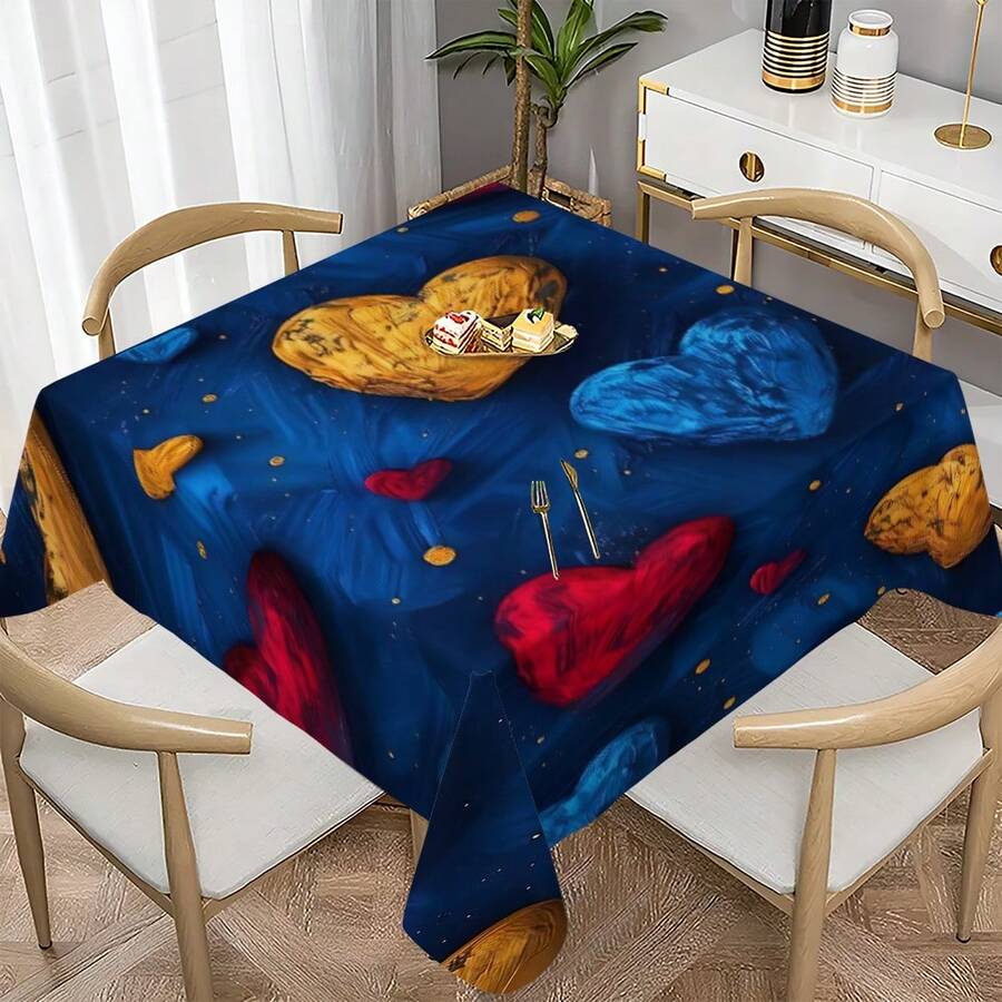 1pc, Home Decor, Heart Pattern Printed Tablecloth, Rectangular, Machine Woven, Suitable For Home Kitchen Dining Room, Party Dinner, Picnic Camping, Date, Wedding, Theme Party Decoration, Indoor And Outdoor Use - Multicolor - View 1