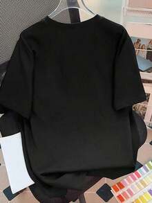 Camiseta de manga corta con cuello redondo y estampado floral, camisetas gráficas para mujer - Negro - Ver 2