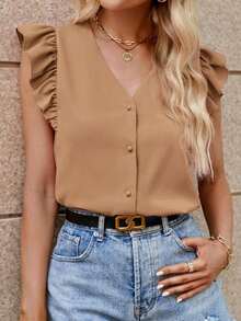 Camisa de mujer con cuello en V a rayas y mangas con volantes, camisas de verano para mujeres - Caqui - Ver 4