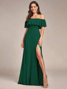 Vestido de dama de honor amarillo con volantes en los hombros, abertura alta y silueta A, adecuado para bodas de primavera/verano, fiestas, playa y vacaciones - Verde Oscuro - Ver 2