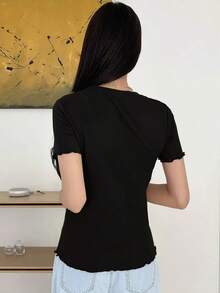 Camiseta tejida acanalada con ribete de lechuga para el verano - Negro 2 - Ver 2
