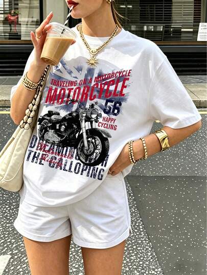 Áo thun in hình xe máy cổ điển, áo thun in họa tiết phong cách biker retro, áo tay ngắn in hình cờ Anh, áo kiểu biker màu trắng.