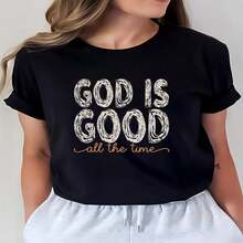 1 Piece Of 100% Cotton Cropped T-Shirt, Casual Round Neck With Print, Ideal For Family Gatherings And Church Events. Breathable Cropped T-Shirt For Everyday Wear - 黑色 - 查看 2