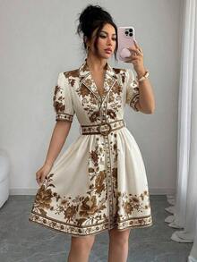 Conjunto de vestido corto de manga corta con cintura ceñida y estampado floral azul y blanco, elegante y romántico para vacaciones, primavera/verano - Multicolor 5 - Ver 5
