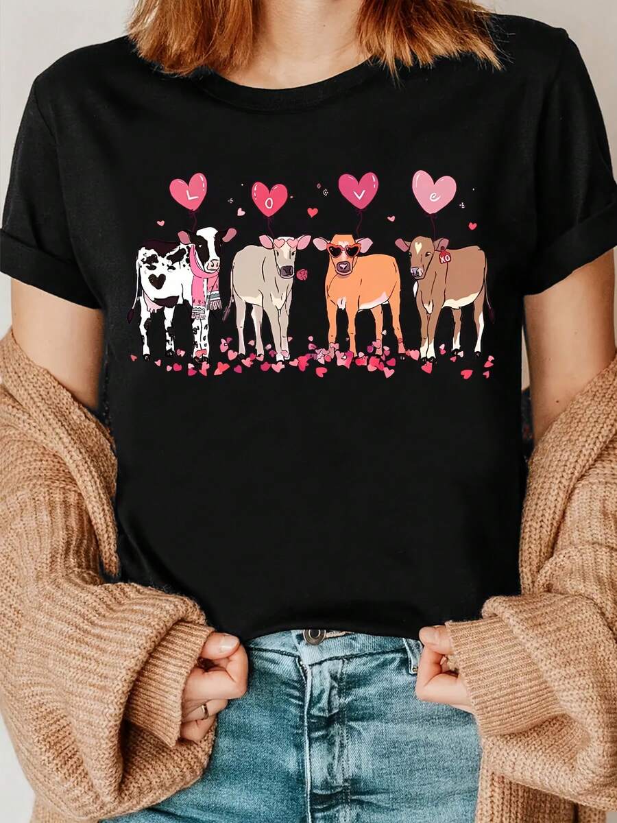 Camiseta de Estampado de Vaca con Vaca Tierna y Corazón - Regalo de San Valentín Ideal para Amantes de las Vacas, Camiseta Casual de Cuello Redondo para Verano, Cómoda y Lavable a Máquina - Negro - Ver 1