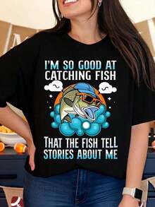 100% algodón, Camiseta de mujer "Soy tan bueno pescando que los peces cuentan historias sobre mí", Camiseta de pesca para mujeres y hombres, Camiseta gráfica con humor, Regalo para pescadores y pescadores deportivos, Ropa casual de verano. - Negro - Ver 6