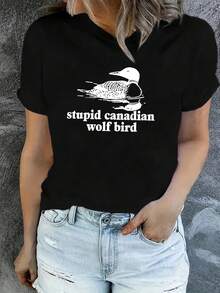 Camiseta de mujer con estampado de pájaros, cuello redondo ajustado, top de manga corta a la moda para mujer. - Negro - Ver 7