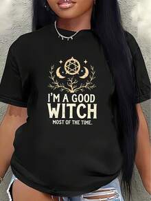 Camiseta de manga corta, ligera y resistente, estampada con las palabras "La mayoría del tiempo soy una buena bruja". Perfecta para descansar en casa o para fiestas, y también se puede usar para Halloween.blusa casual mujer - Negro - Ver 7