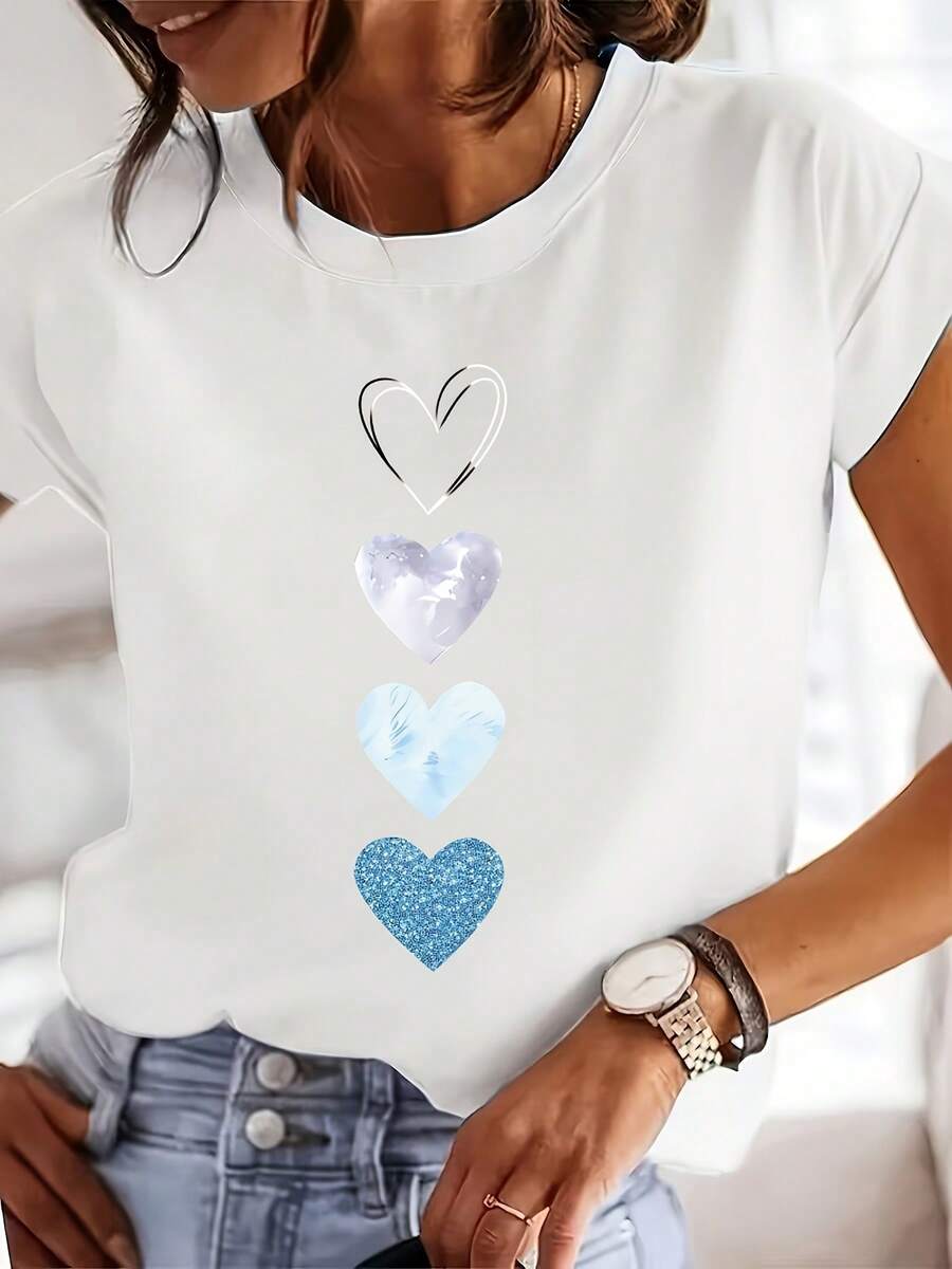 4 Estampados de Corazones Diferentes - Primavera/Verano - Camiseta Casual de Manga Corta y Cuello Redondo para Mujer - Ideal para Uso Diario en Interiores y Exteriores - Asequible - Blanco - Ver 1