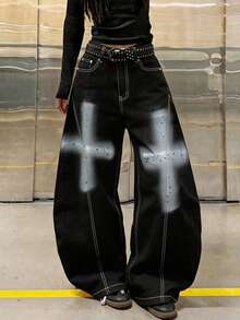 1 chiếc quần jeans ống rộng thoải mái dáng rộng, phong cách đường phố Nhật Bản, phối patchwork, vẽ tay họa tiết dao cong, casual - màu đen - Xem 6