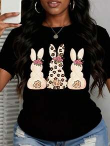 Camiseta Casual de Mujer con Diseño de Huevo de Chocolate de Conejo de Pascua, Corona Floral y Estampado de Leopardo, Top de Temporada de Primavera para Celebración de Pascua - Estilo Urbano Vintage, Unisex, de Algodón 100%, Manga Corta, Cuello Redondo, Corte Holgado. - Negro - Ver 3