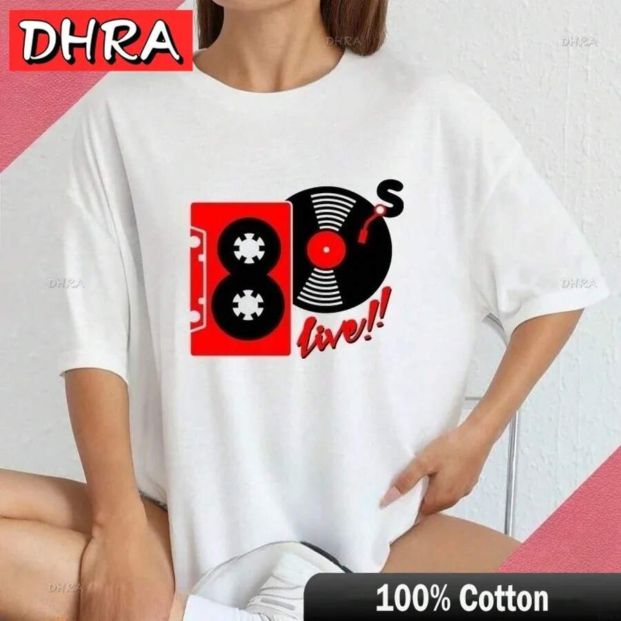 Camiseta 'I Love 80s' con Diseño de Disco de Vinilo y Corazón, Temática Musical Vintage de los 80, Disco, Tocadiscos, Ropa Urbana para Hombres y Mujeres - Blanco - Ver 1