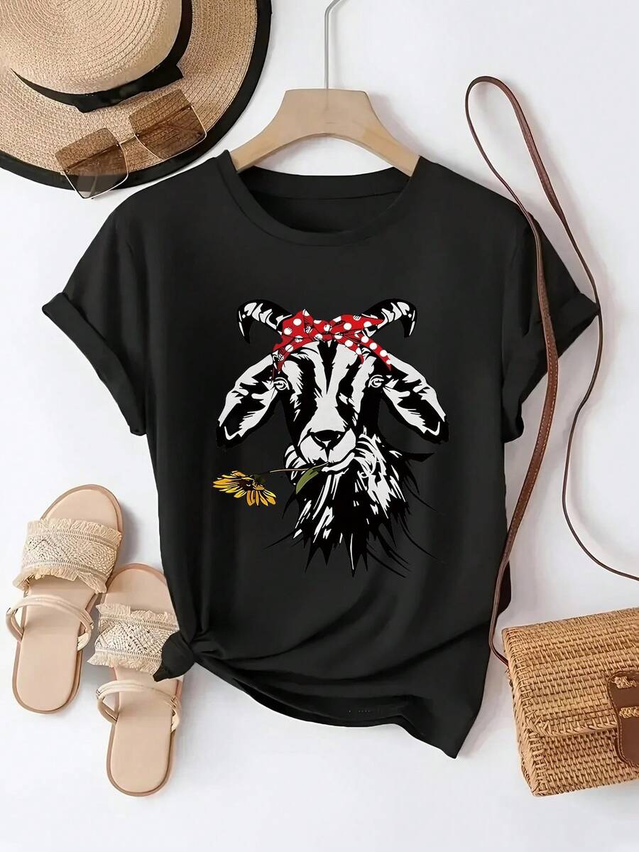 Una camiseta de manga corta para mujer, moderna, a la moda, retro y casual, de corte holgado, adecuada para actividades al aire libre en primavera y verano, con estampado de moda de pañuelo de lunares con diseño de cabra, top deportivo casual de cuello redondo y manga corta, camiseta casual de manga corta para mujer para primavera y verano.blusas para mujer,blusas casuales para dama,tops,, mujer premium,y2k,playeras de mujer curvy,ofertas y liquidaciones ropa mujer,playeras deportivas para mujer,,playeras de hombre, mujer,blusas>elegante J9DP - Negro - Ver 1