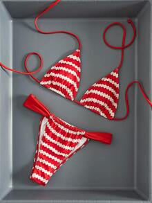 Bộ bikini hai mảnh gợi cảm tối giản dành cho nữ, họa tiết kẻ sọc, kiểu buộc dây cổ, thích hợp cho bãi biển, kỳ nghỉ, hẹn hò, mẫu mới mùa xuân/hè. - Họa tiết lượn sóng màu đỏ và trắng - Xem 4