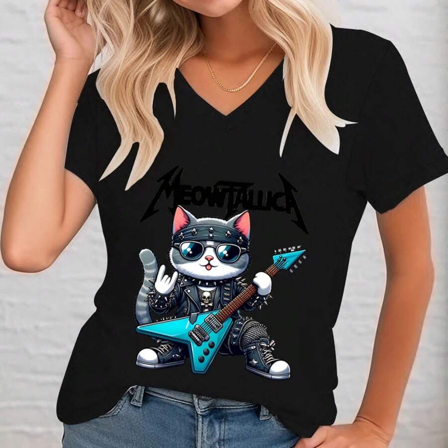 Camiseta Divertida de Mujer con Diseño de Gato y Guitarra, Estilo Rock and Roll, Cuello en V, Ropa de Verano para Amantes de la Música Rock - Negro - Ver 1