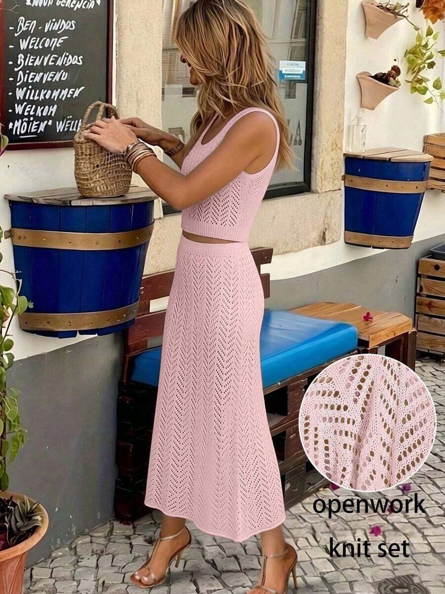 Conjunto de 2 piezas de mujer, cómodo, casual y elegante, de unicolor acanalado con diseño hueco, top de tirantes y falda larga, adecuado para resort, playa, verano, primavera en color rosa - Blanco - Ver 1