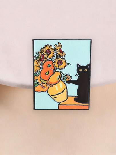 1pc Quirky Sunflower Cat Oil Painting Enamel Brooch, Vintage Sunflower Vase And Black Cat Design Badge, Fashion Accessory, Gift For Friends