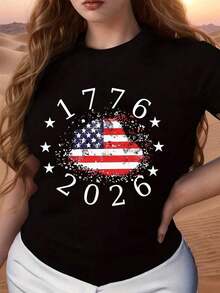 T-Shirt With An American Flag Design Featuring The Text 1776 And 2026 Surrounded By Stars. This Patriotic Pattern Is Suitable For Independence Day Celebrations And National Events. It's A Women's Crew Neck Tee, Perfect For Commemorating The 250th Anniversary Of The United States, An Independence Day Shirt, Or A Team Shirt. Made From Low-Stretch Pure Cotton, It's Comfortable To Wear. The Short Sleeves Make It A Great Casual Choice For Everyday Outdoor Activities. (Sizes S-5XL) - 黑色 - 查看 6