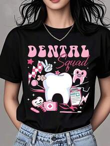 Camiseta de Algodón Estilo Vintage con Estampado de Slogan de Lisboa para Mujer, Cuello Redondo, Estampado de Herramientas Dentales, Manga Corta, para Trabajo en Consultorio Dental o Uso Casual de Verano - Negro - Ver 7