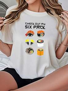 Camiseta de Mujer Casual de Corte Holgado, Opciones en Blanco y Negro, Estampado de Sushi, Camiseta Gráfica Divertida, Tops de Verano, Camisetas para Damas, Conjuntos de Verano, Camisetas Gráficas para Mujer, Tops Cortos para Mujer, Camisetas Vintage de Algodón, Ropa Linda para Mujer, Playera Holgada para Mujer - Blanco - Ver 7