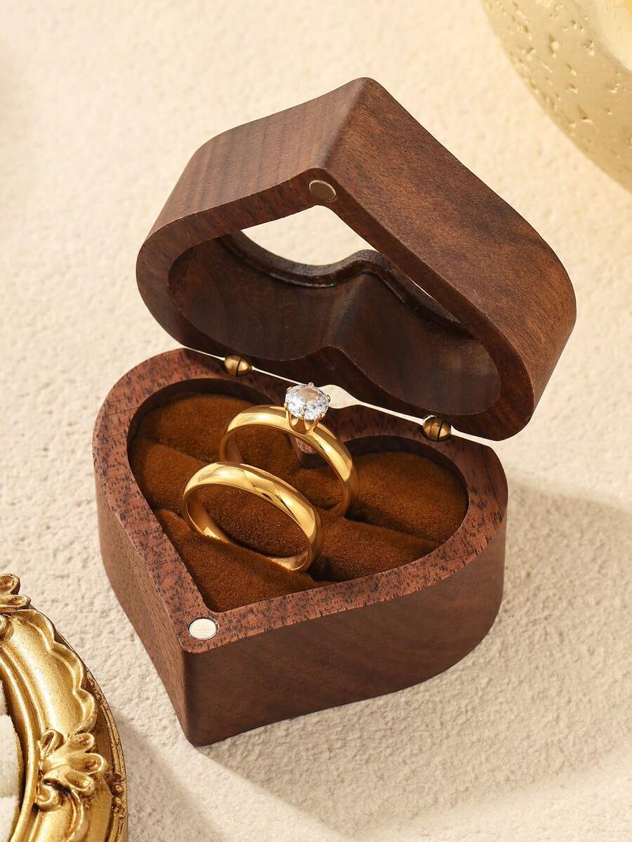 2pcs Stainless Steel Gold Color Rhinestone Inlaid Minimalist Couple Rings, Comes With Vintage Heart-Shaped Wooden Box - Yellow Gold - View 1