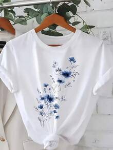 Camiseta de Mujer con Estampado Floral, Diseño Floral Azul, Cuello Redondo Casual, Manga Corta, Moda Primavera Verano Otoño, Camisetas para Damas - Blanco - Ver 2