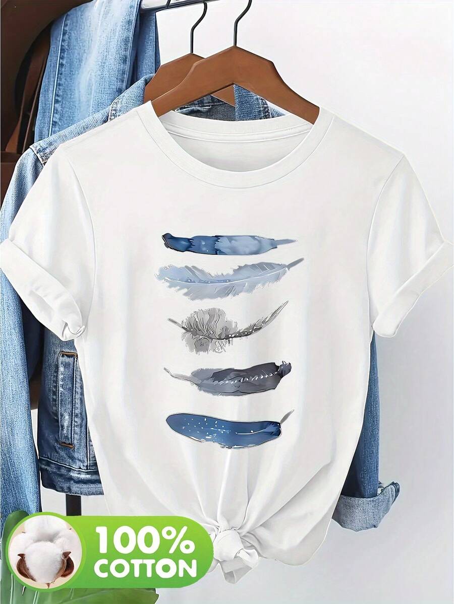 Elegante camiseta de manga corta artística para mujer, hecha de 100% algodón puro, modelo NC-12303. - Blanco - Ver 1