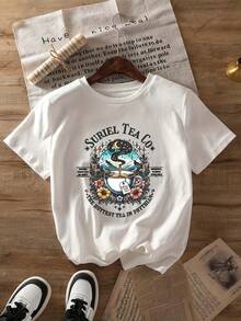 Women's Casual Summer T-Shirt, Comfortable, With Graphic Print By Suriel Tea Co., Women's Casual Round Neck Short Sleeve T-Shirt, Summer And Spring Fashion, Vivid Cartoon Design, Lightweight Clothing. - 白色 - 查看 12