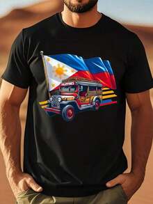 Sports T-Shirt With Philippine Flag Graphics And Jeepney - Proud Philippine Souvenir, Breathable Black Cotton T-Shirt With Slight Stretch, Regular Fit, Crew Neck, Short Sleeve For Men And Women, Casual Wear For All Seasons, Philippines T-Shirt, Comfortable Fit T-Shirt, Relaxed Fit Plus Size T-Shirt - 黑色 - 查看 1