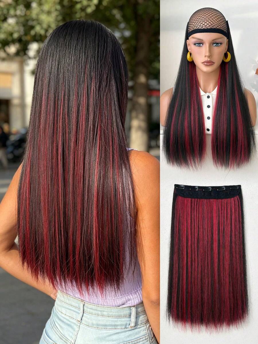 Long Straight Cut Ponytail With Natural Soft Synthetic Hair Extensions, Suitable For Women In 22 Inch Burgundy Color