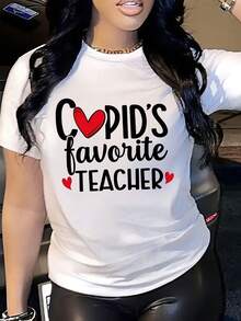 Camiseta de algodón puro con el eslogan "La profesora favorita de Cupido" transmite un ambiente de trabajo suave y dulce. Camiseta de moda casual para mujer con diseño estampado y cuello redondo, ideal para primavera-verano. Adecuada para uso diario, compras, reuniones, desplazamientos, versátil y elegante para mujeres. - Blanco - Ver 6