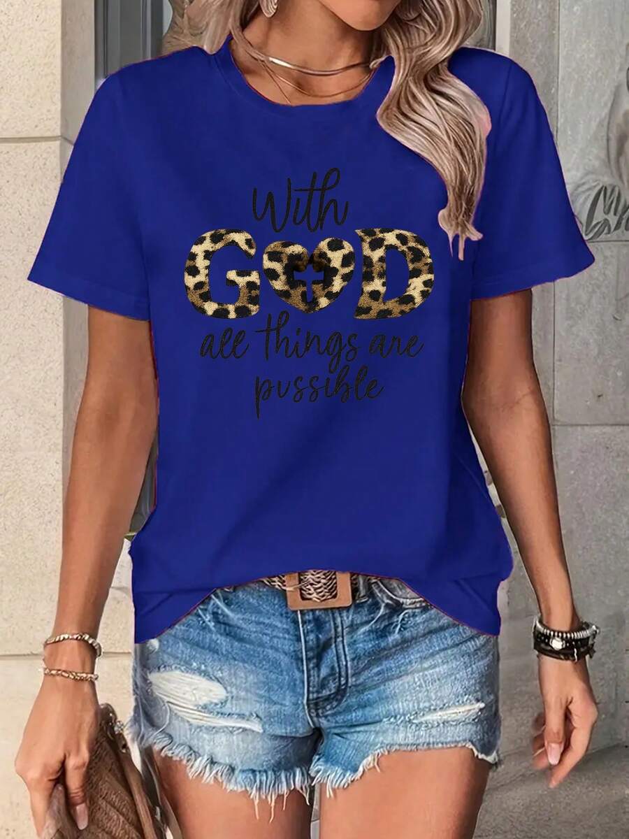Women's & Men's Short Sleeve T-Shirt For Women Inspired By Christian Faith - "Be With God, All Things Are Possible" (Matthew 26:11), Bible Verse, Comfortable Casual Worship Garment With Round Neck, Machine Washable Christian Clothing With Cross And Prayer Motifs, Loose H-Shaped Fit Suitable For Daily Wear, Versatile Christian Clothing For All Seasons, Unisex. - 藍色 - 查看 1