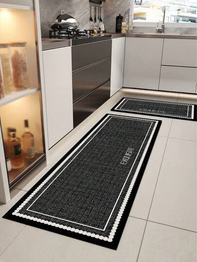 1pc Silica Gel Kitchen Mat, Black Coarse Woven Texture Base, Double White Decorative Trim Edges, Delicate White Hollow Floral Border, Central "EXQUISITE" Text, Minimalist Elegant Luxurious Aesthetic