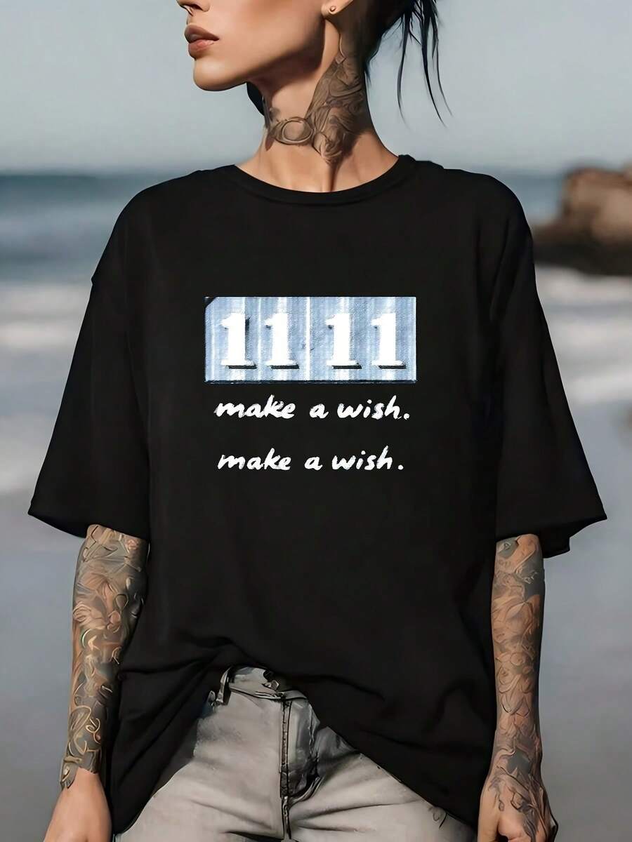 Camiseta suave de uso diario de 180 g "11 11 Wish", adecuada para reuniones familiares y de oficina, un regalo perfecto para amigos y compañeros de equipo, camiseta moderna y cómoda, ideal para todas las ocasiones. - Negro - Ver 1