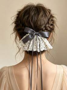 1 pieza Clip de pelo con lazo de encaje, Estilo lazo de encaje Horquilla de cinta, Clip de primavera para moño, trenza, adecuado para boda, fiesta, escuela - Multicolor - Ver 2