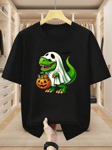 Camiseta de Hombre Talla Grande 100% con Estampado de Dinosaurio en Forma de Fantasma, Cuello Redondo, Manga Corta, Verano, Cómoda, Casual - Negro - Ver 6