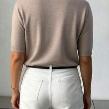 GIGOGOU Camiseta de punto de manga corta para mujer, suéter casual cómodo y suave con cuello polo, para primavera/verano - Gris - Ver 3