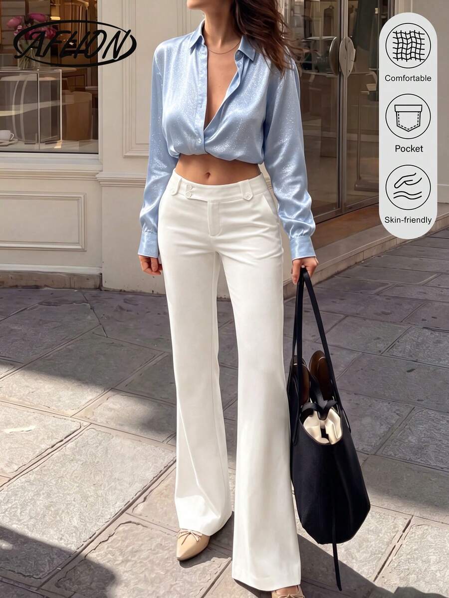 Aflion 女士优雅米色高腰喇叭修身西裤 - 纽扣门襟,带口袋,轻盈透气面料,适合夏季办公室/商务场合穿着 - 杏色 - 查看 1