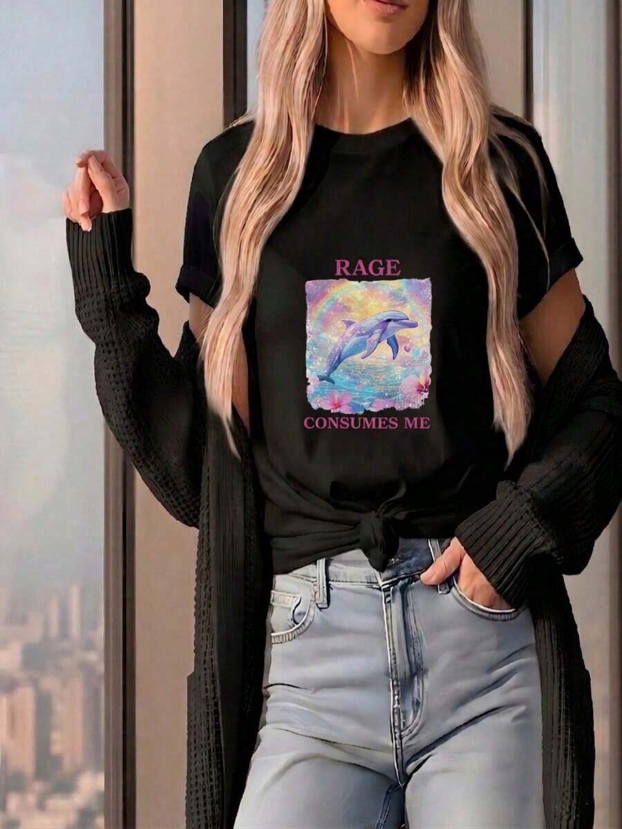 Comfortable Women's Casual Cotton T-Shirt With Dolphin Print, Round Neck, Short Sleeves, Dropped Shoulders, Relaxed And Flattering Fit. Fashionable All-Match Women's Short Sleeve T-Shirt, Basic Style For Inner & Outerwear - 黑色 - 查看 1