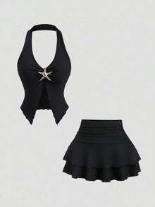 Conjunto de 2 piezas de top corto con escote profundo en V y espalda descubierta, emparejado con falda casual de diseño retro con hebilla de metal para mujeres, para vacaciones y citas, primavera/verano - Negro - Ver 1