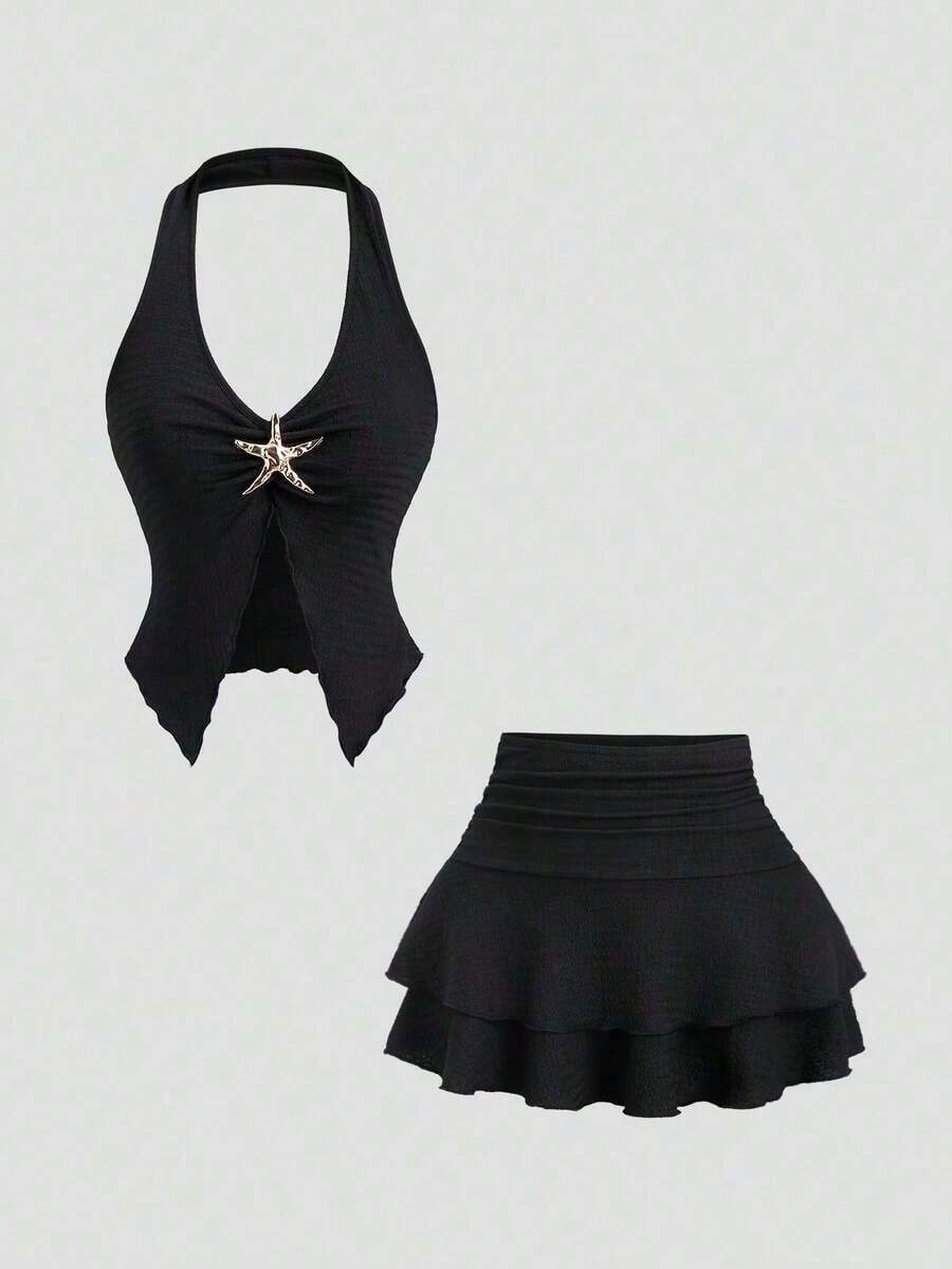 Conjunto de 2 piezas de top corto con escote profundo en V y espalda descubierta, emparejado con falda casual de diseño retro con hebilla de metal para mujeres, para vacaciones y citas, primavera/verano - Negro - Ver 1