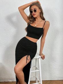 unicolor Top de tirantes crop & con cordón de muslo con abertura Falda - Negro - Ver 8